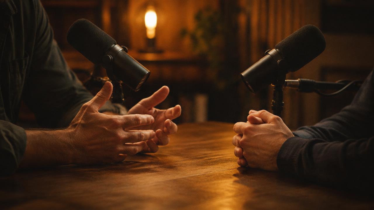 Two men in conversation at microphones